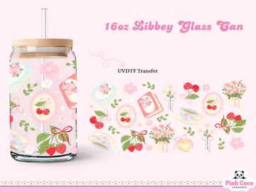 16oz Libbey Glass Can| UV DTF Double Sided| Coquette and Spring 1