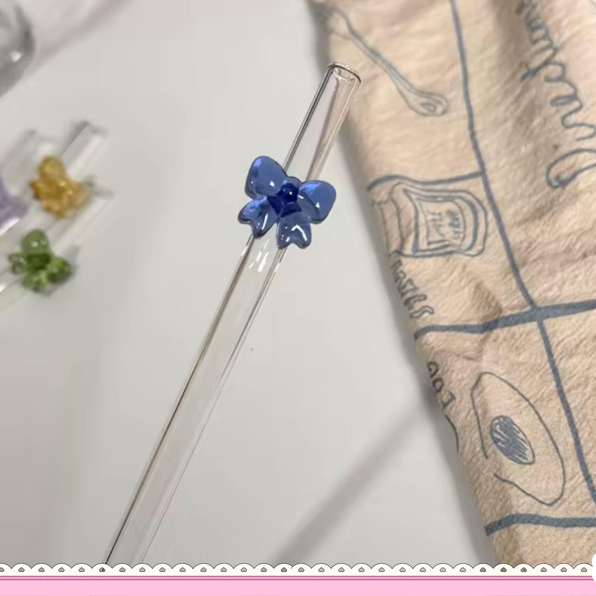 Glass Straw with Bow- Blue