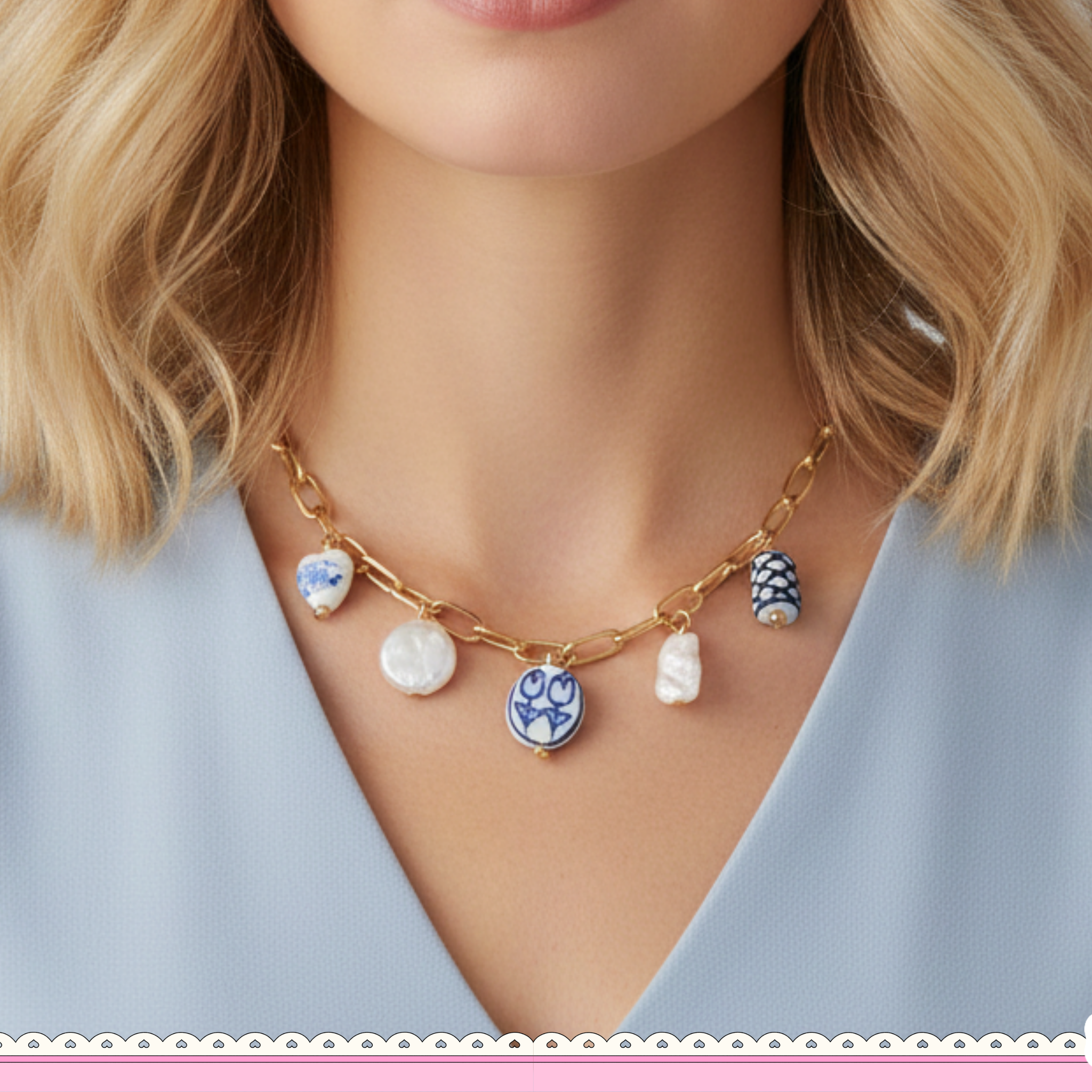 Blue Petal Multiple Clay Charm Necklace