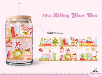 16oz Libbey Glass Can| UV DTF Double Sided| Bookish Christmas