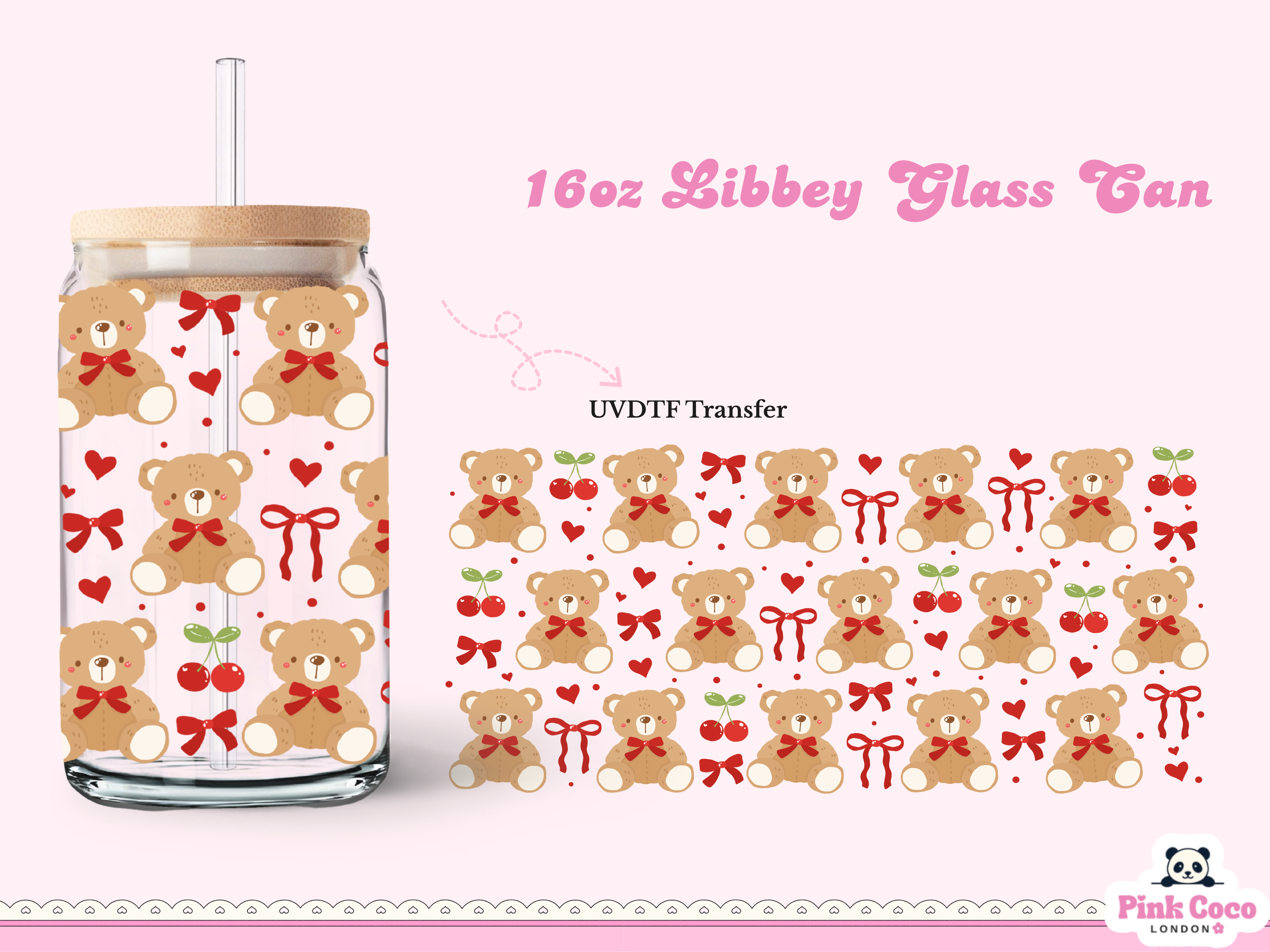 16oz Libbey Glass Can| UV DTF Double Sided| Teddy and Bow
