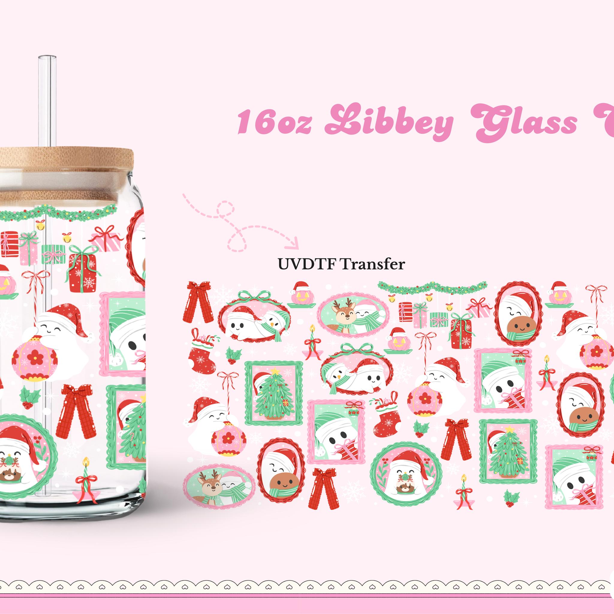 16oz Libbey Glass Can| UV DTF Double Sided| Christmas Boo