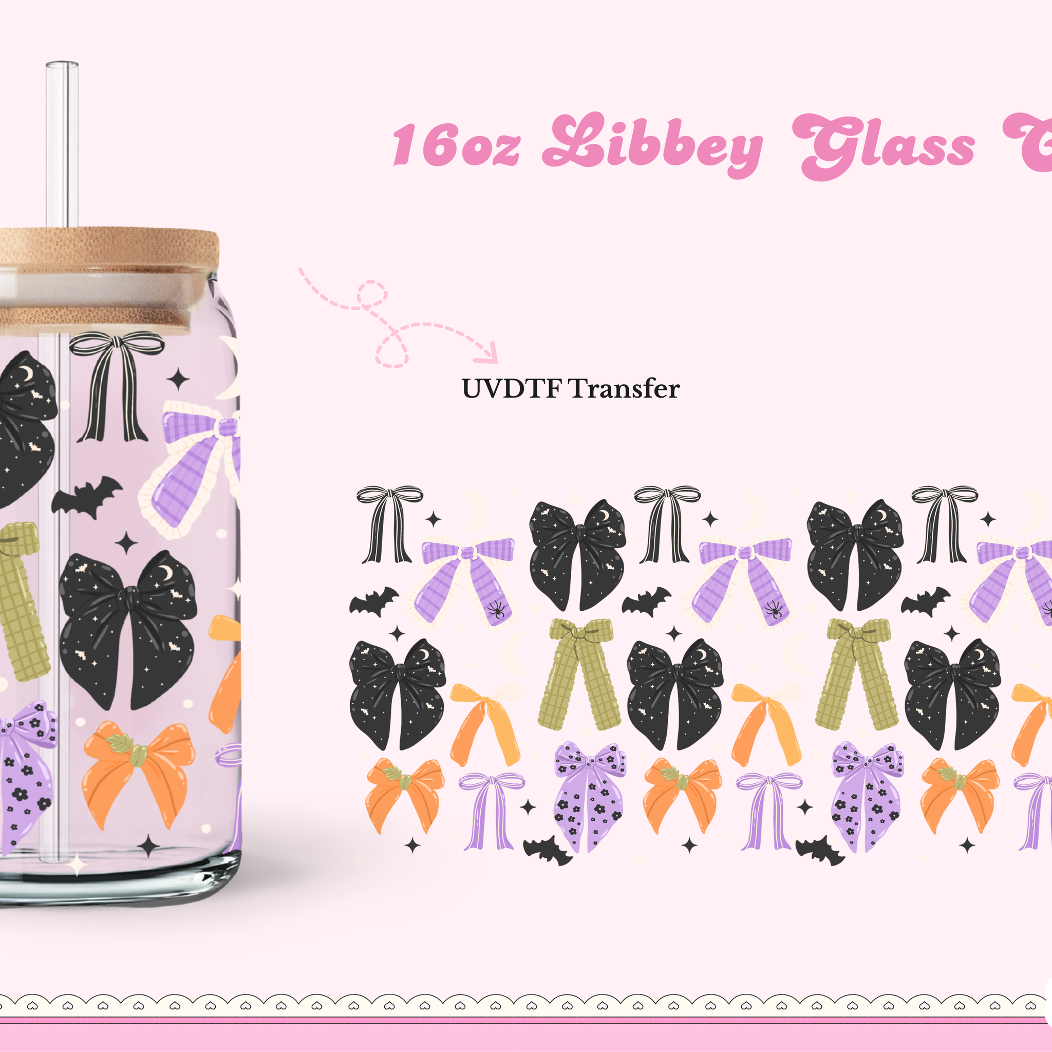 16oz Libbey Glass Can| UV DTF Double Sided| Halloween Bow