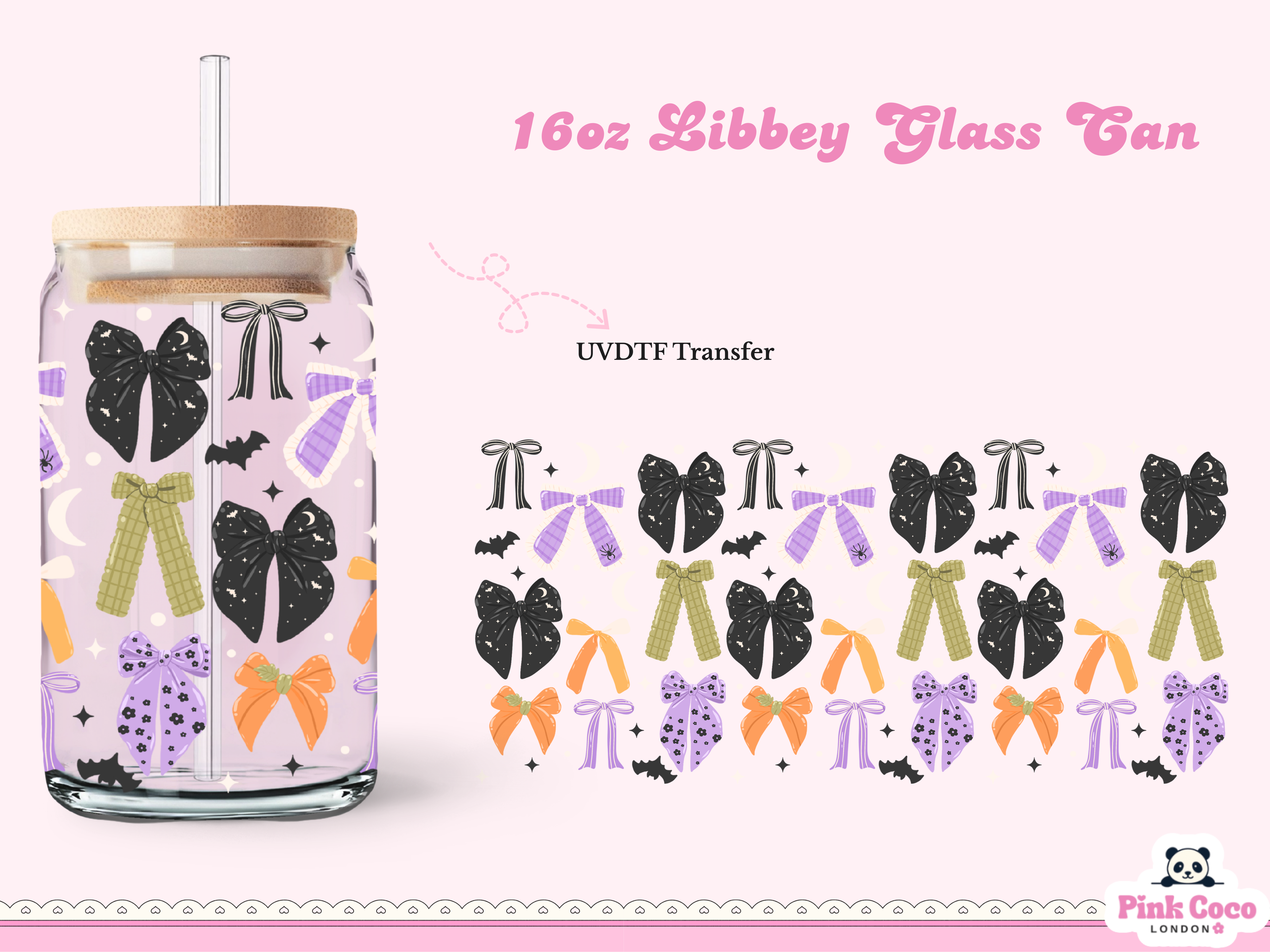 16oz Libbey Glass Can| UV DTF Double Sided| Halloween Bow
