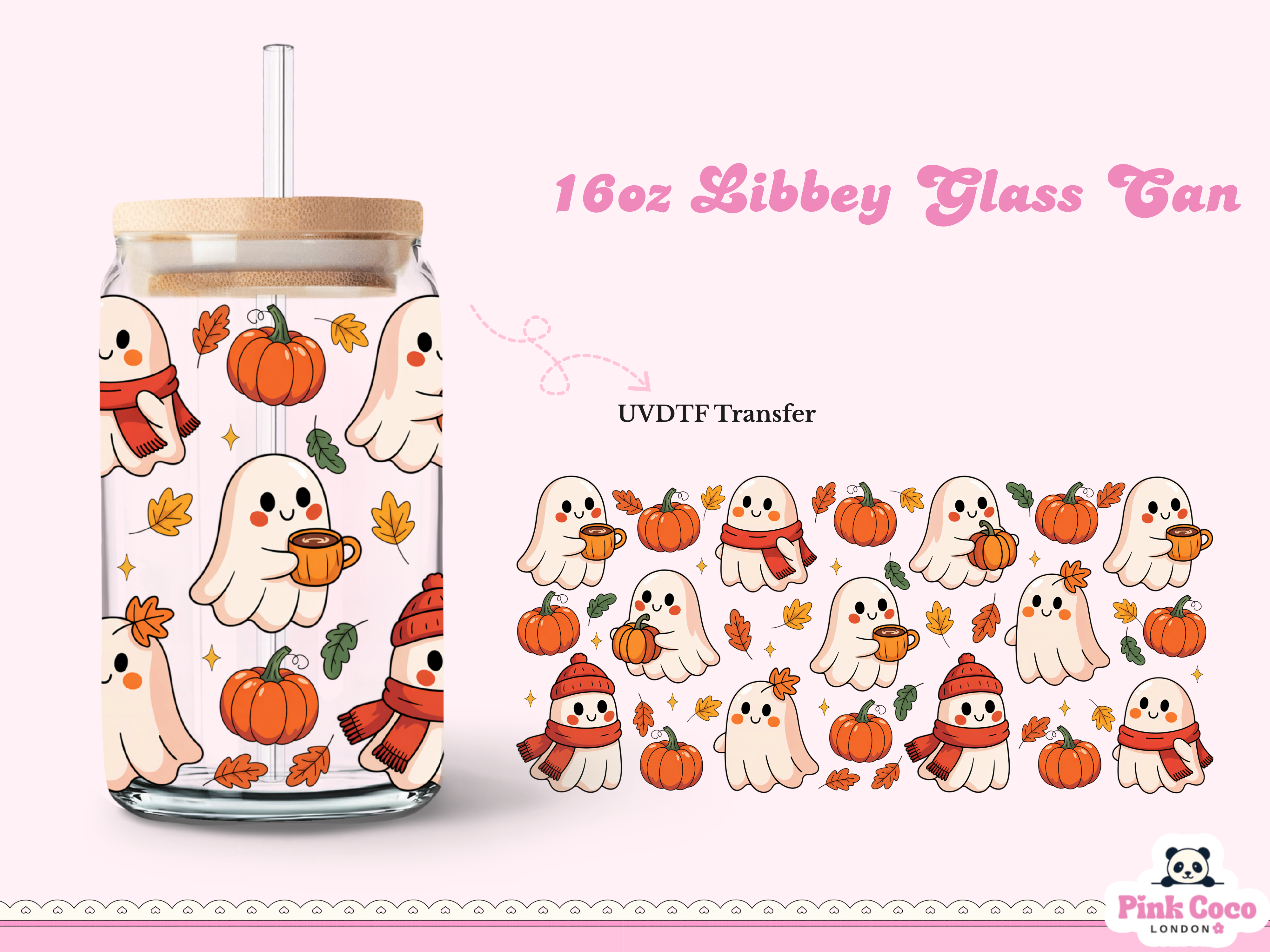 16oz Libbey Glass Can| UV DTF Double Sided| Pumpkin and Boo