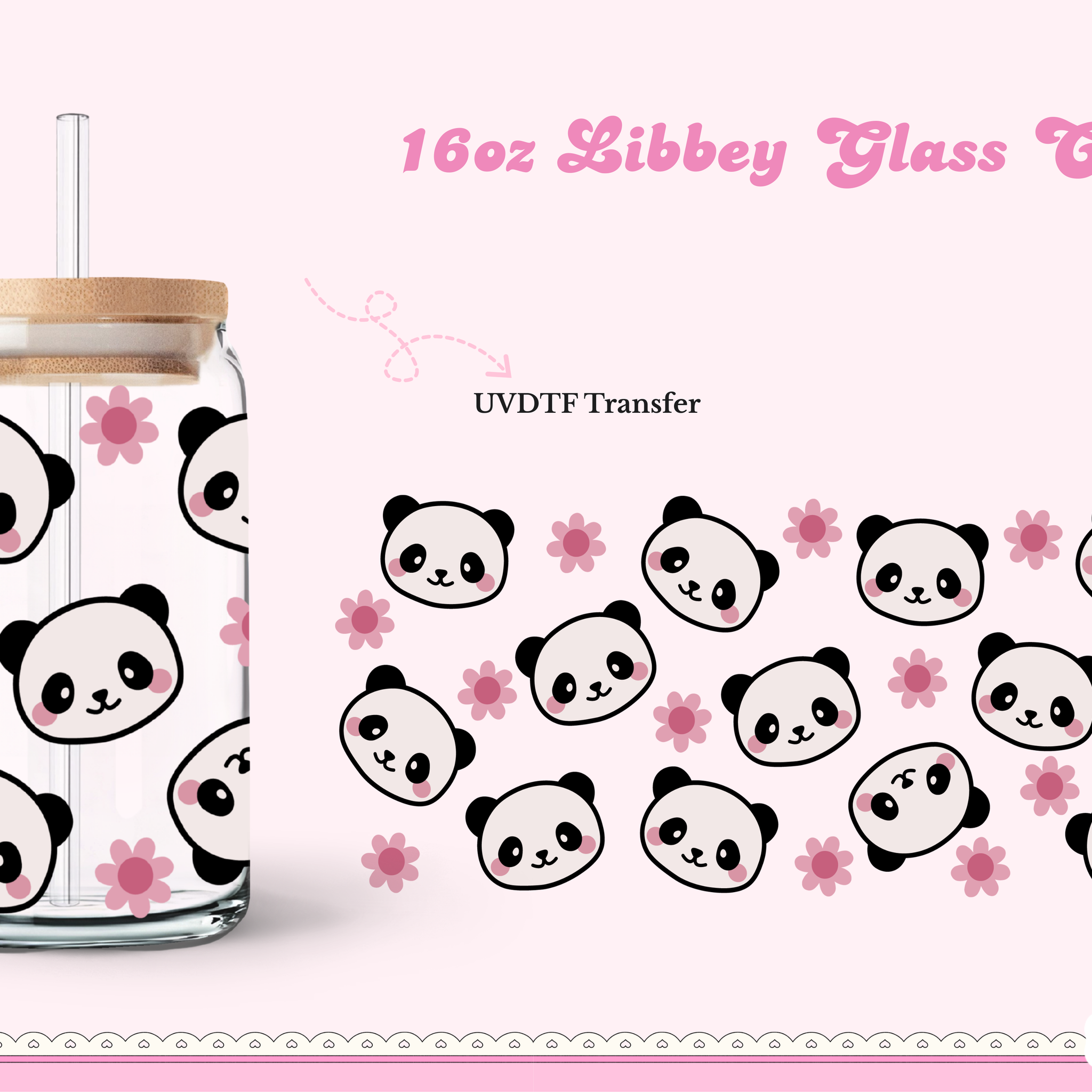 16oz Libbey Glass Can| UV DTF Double Sided| Cute Panda and Flower