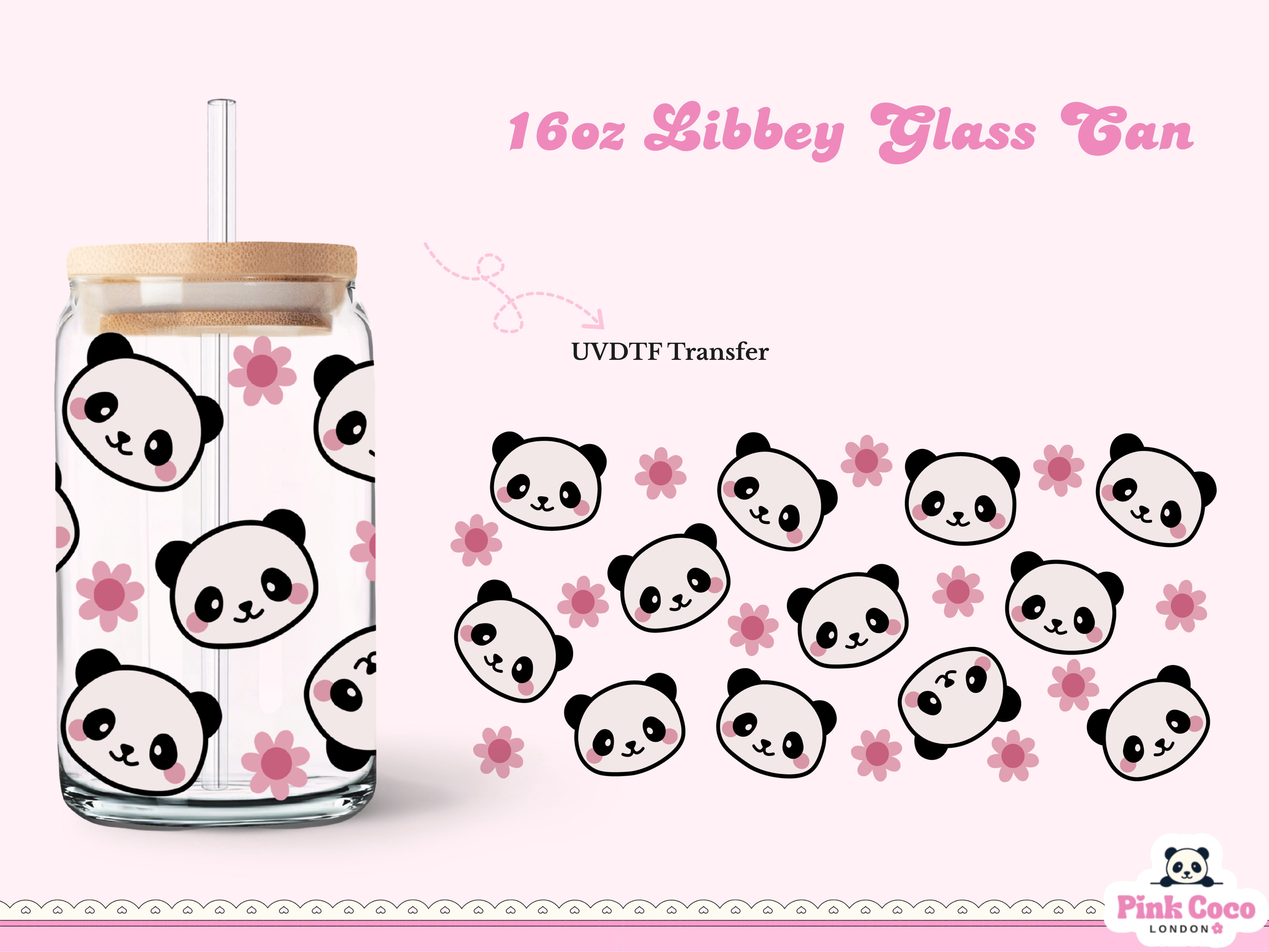 16oz Libbey Glass Can| UV DTF Double Sided| Cute Panda and Flower
