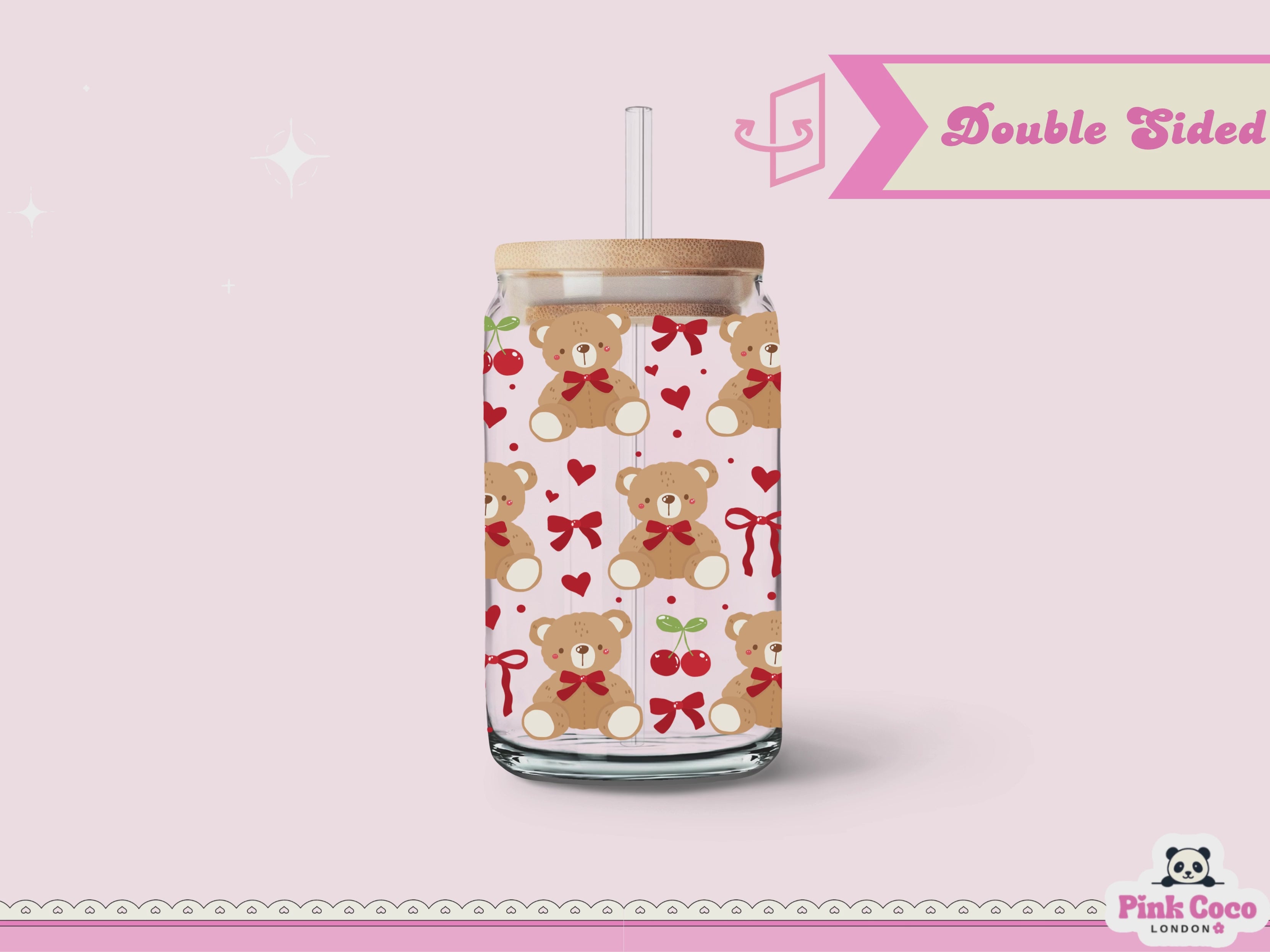 16oz Libbey Glass Can| UV DTF Double Sided| Teddy and Bow