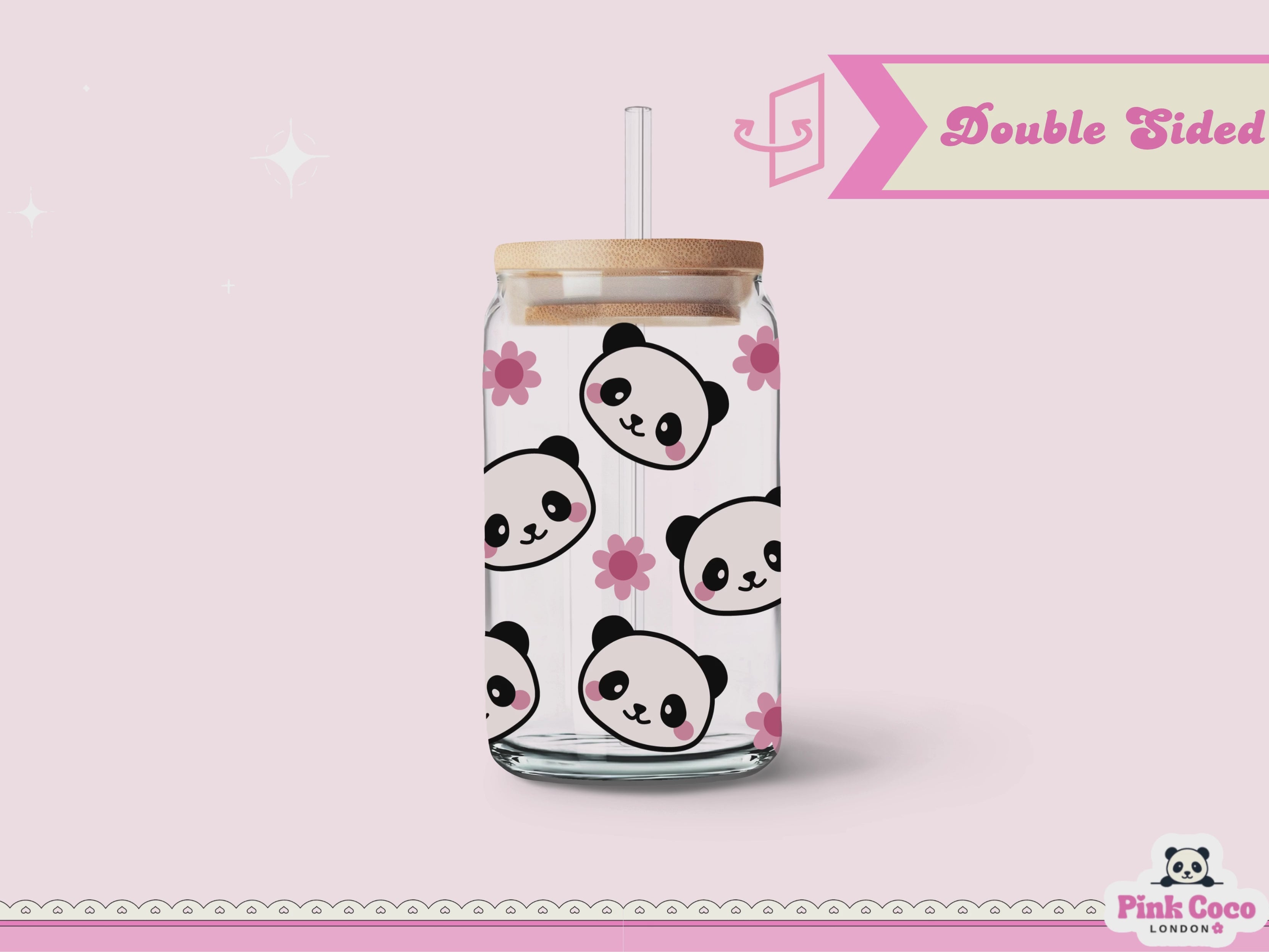 16oz Libbey Glass Can| UV DTF Double Sided| Cute Panda and Flower